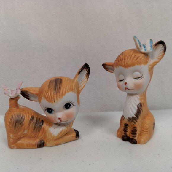 Vintage Deer Figurine Pair Anthropromorphic Bisque Porcelain Kitschy Butterfly - Picture 2 of 16